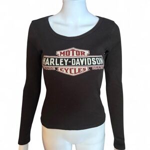 Harley-Davidson Black Long Sleeve Ribbed Logo Tee with Red Accent